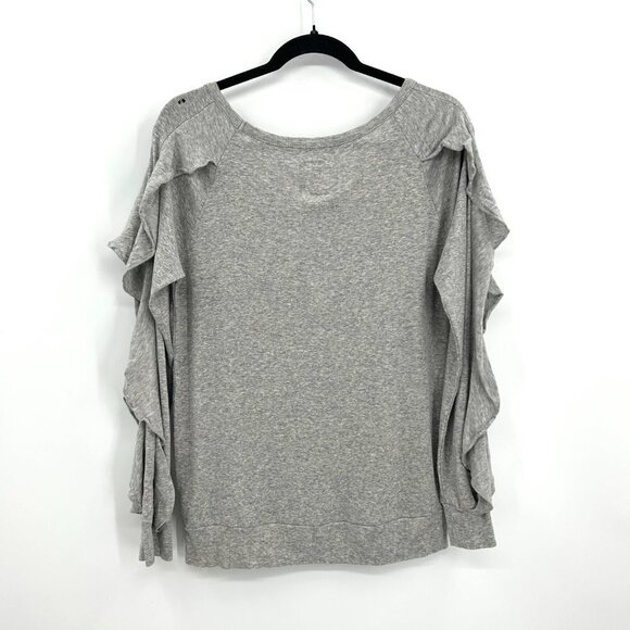 NWT CHASER *Flawed* Heather Gray Long Sleeve Ruffle Open Neck Shirt Size Medium - Picture 2 of 5
